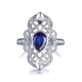 Vintage Pear Alexandrite Moissanite Milgrain Lattice Ring 14K White Gold - Lord of Gem Rings