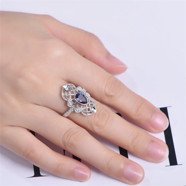 Vintage Pear Alexandrite Moissanite Milgrain Lattice Ring 14K White Gold - Lord of Gem Rings
