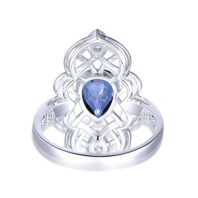 Vintage Pear Alexandrite Moissanite Milgrain Lattice Ring 14K White Gold - Lord of Gem Rings