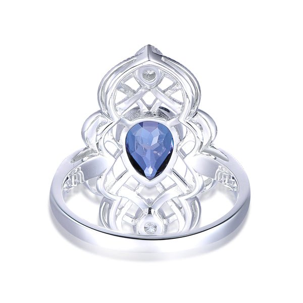 Vintage Pear Alexandrite Moissanite Milgrain Lattice Ring 14K White Gold - Lord of Gem Rings