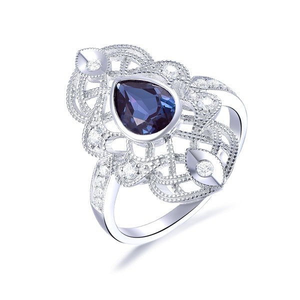 Vintage Pear Alexandrite Moissanite Milgrain Lattice Ring 14K White Gold - Lord of Gem Rings