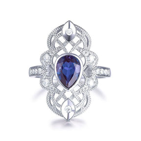 Vintage Pear Alexandrite Moissanite Milgrain Lattice Ring 14K White Gold - Lord of Gem Rings