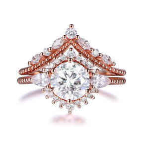 Vintage Pincess Dana Halo Round Moissanite Bridal Set Tiara Marquise Diamond Band - Lord of Gem Rings