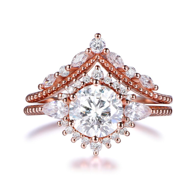Vintage Pincess Dana Halo Round Moissanite Bridal Set Tiara Marquise Diamond Band - Lord of Gem Rings