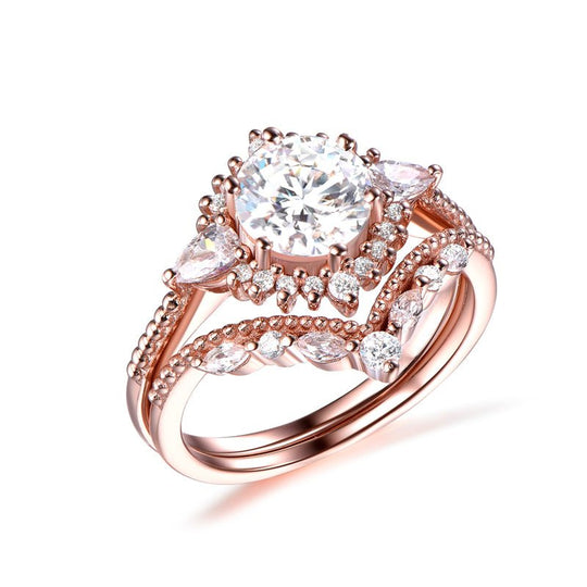 Vintage Pincess Dana Halo Round Moissanite Bridal Set Tiara Marquise Diamond Band