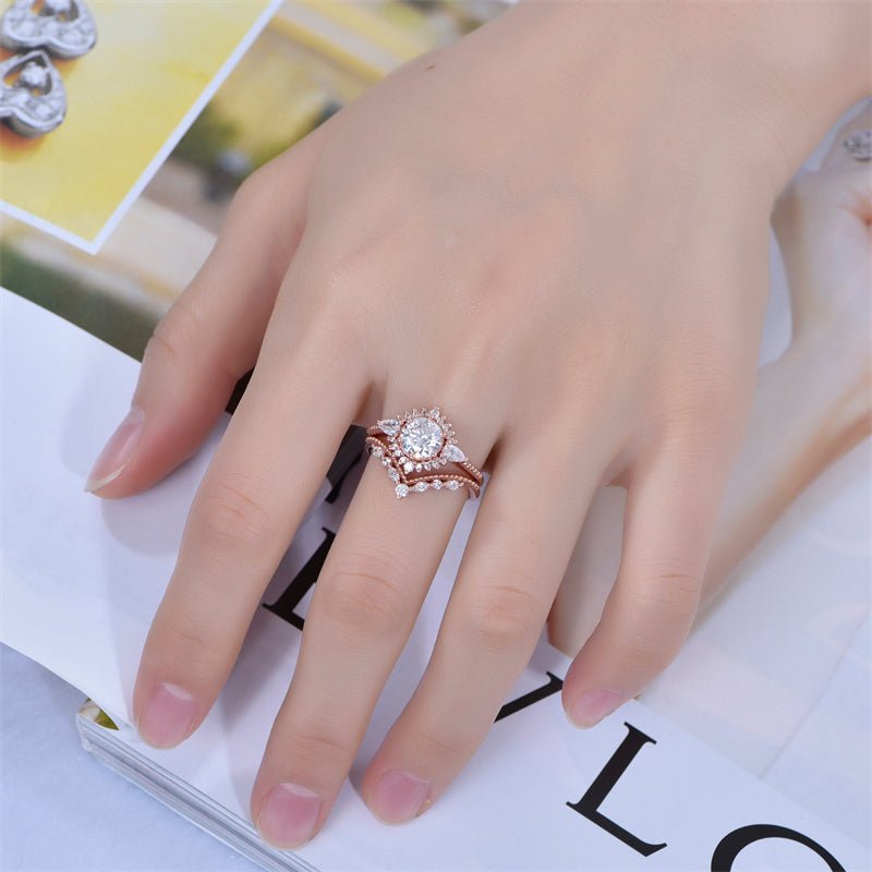 Vintage Pincess Dana Halo Round Moissanite Bridal Set Tiara Marquise Diamond Band - Lord of Gem Rings