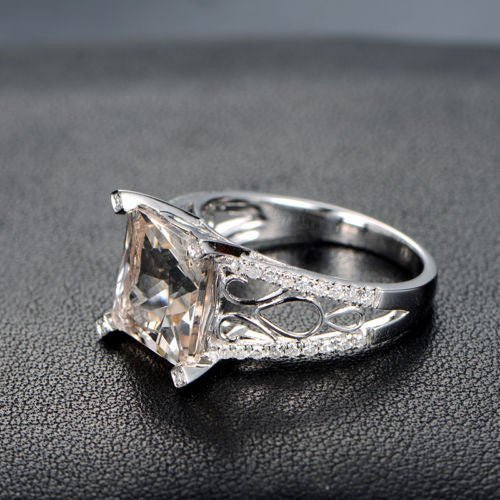 Vintage Princess Morganite Diamond Filigree Ring 14K White Gold - Lord of Gem Rings