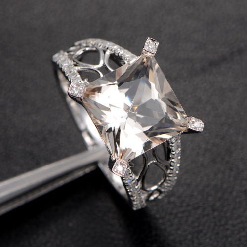 Vintage Princess Morganite Diamond Filigree Ring 14K White Gold - Lord of Gem Rings