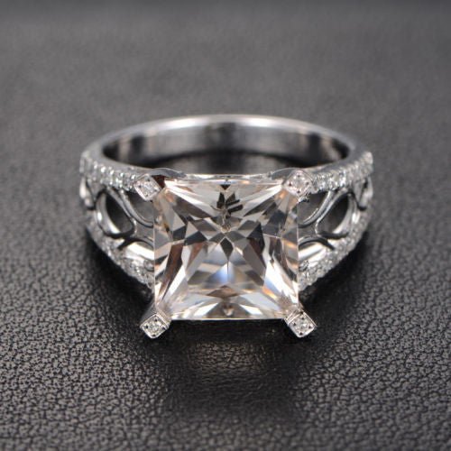 Vintage Princess Morganite Diamond Filigree Ring 14K White Gold - Lord of Gem Rings
