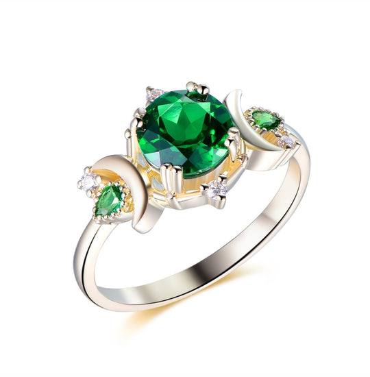 Vintage Round Emerald Crescent Ring 14K Gold