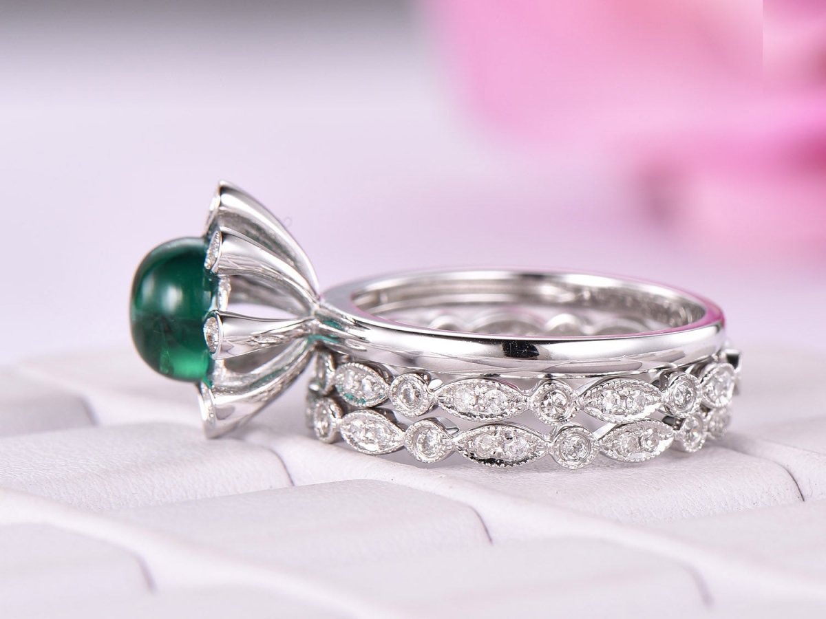 Vintage Round Emerald Diamond Bridal Trio Set 14K White Gold - Lord of Gem Rings