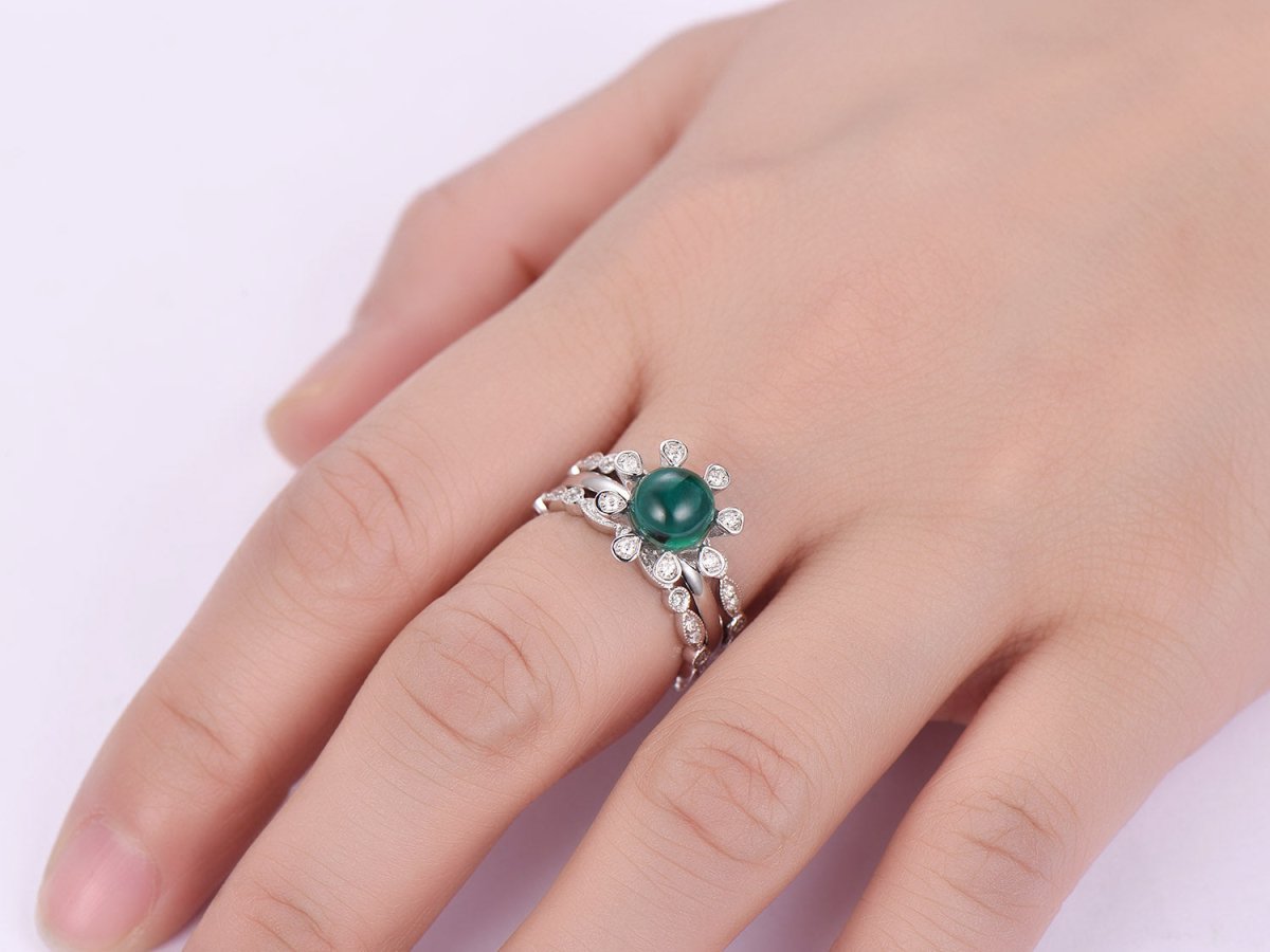 Vintage Round Emerald Diamond Bridal Trio Set 14K White Gold - Lord of Gem Rings
