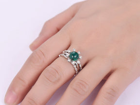 Vintage Round Emerald Diamond Bridal Trio Set 14K White Gold - Lord of Gem Rings