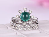 Vintage Round Emerald Diamond Bridal Trio Set 14K White Gold - Lord of Gem Rings