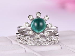 Vintage Round Emerald Diamond Bridal Trio Set 14K White Gold - Lord of Gem Rings
