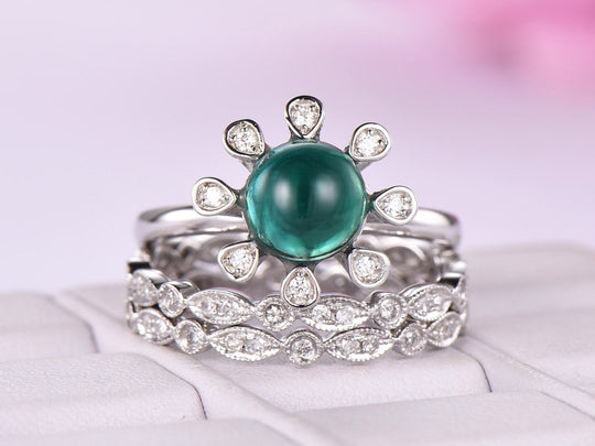 Vintage Round Emerald Diamond Bridal Trio Set 14K White Gold