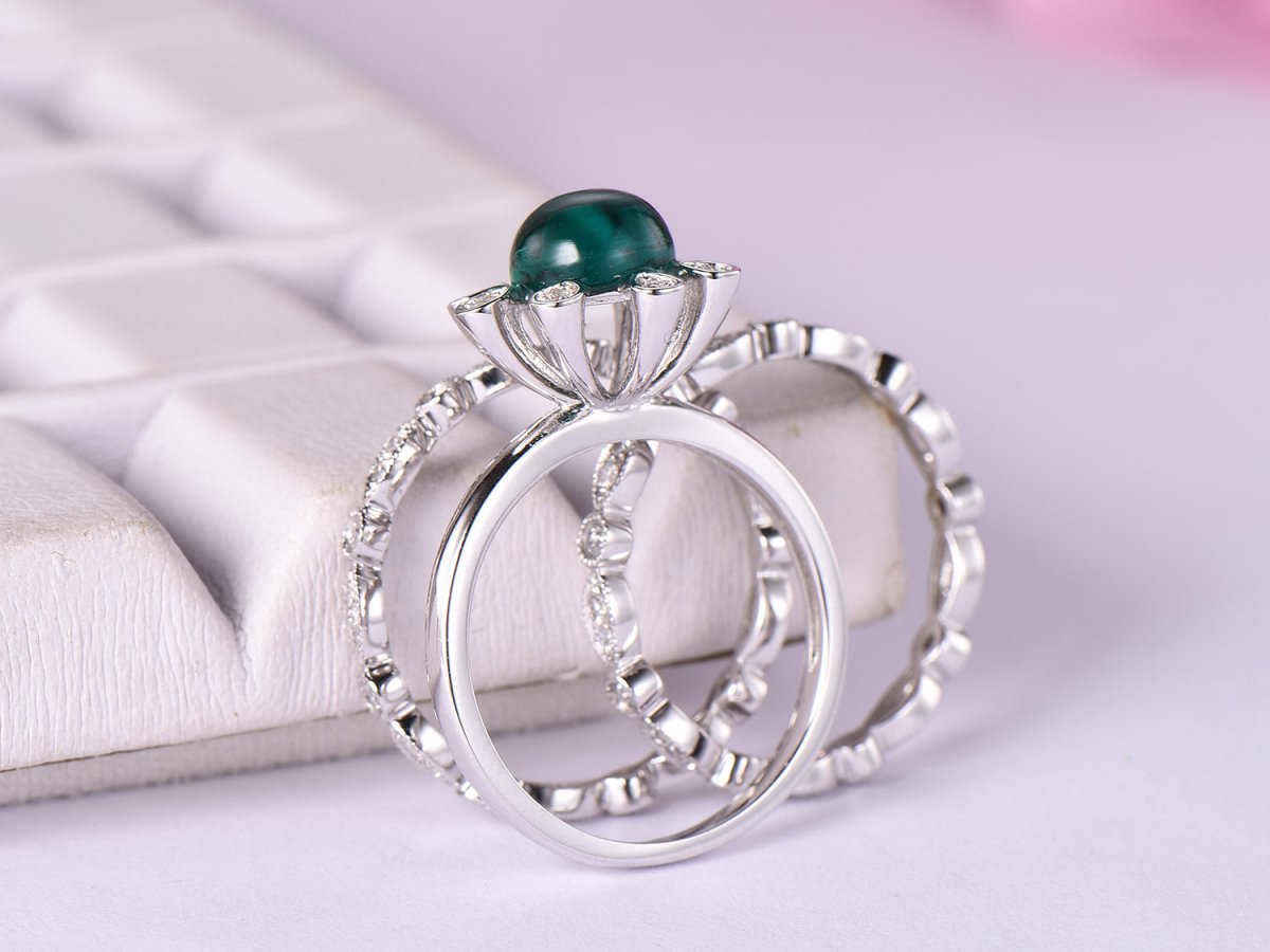 Vintage Round Emerald Diamond Bridal Trio Set 14K White Gold - Lord of Gem Rings