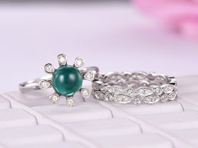 Vintage Round Emerald Diamond Bridal Trio Set 14K White Gold - Lord of Gem Rings