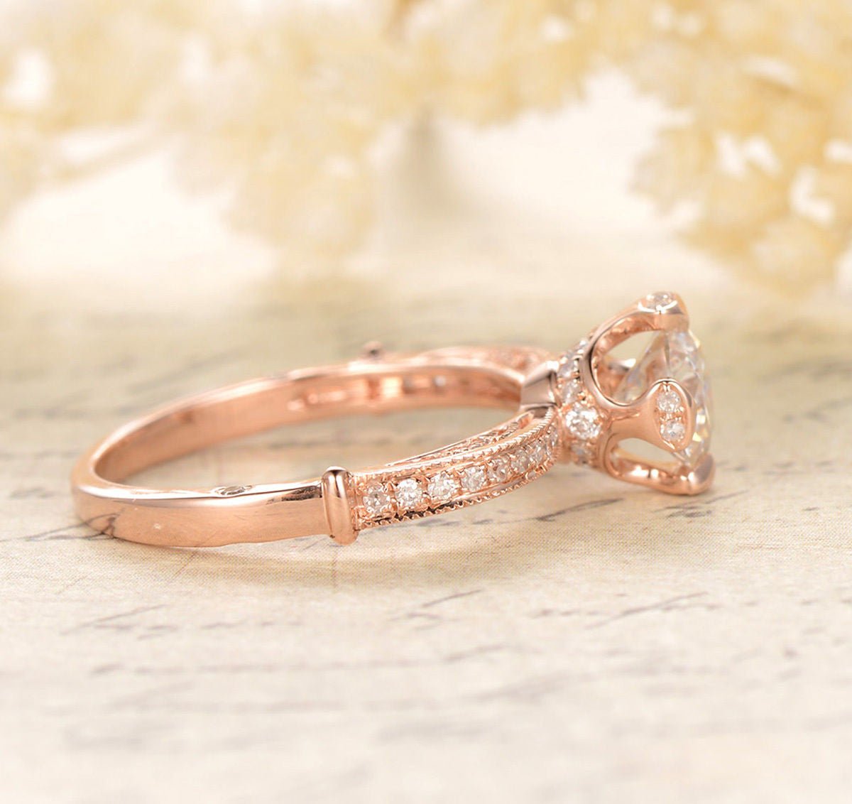 Vintage Round Moissanite Ring With Diamond Accents - Lord of Gem Rings