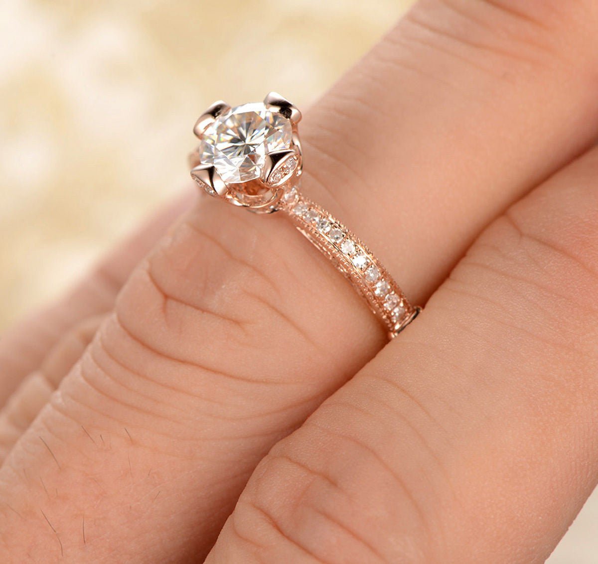 Vintage Round Moissanite Ring With Diamond Accents - Lord of Gem Rings