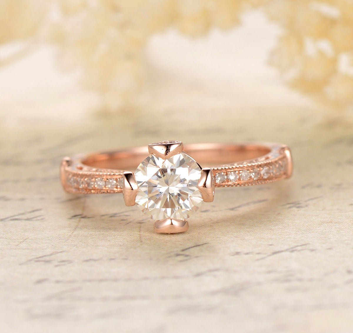 Vintage Round Moissanite Ring With Diamond Accents - Lord of Gem Rings