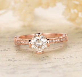 Vintage Round Moissanite Ring With Diamond Accents - Lord of Gem Rings