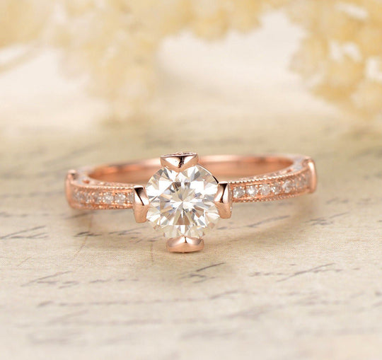 Vintage Round Moissanite Ring With Diamond Accents