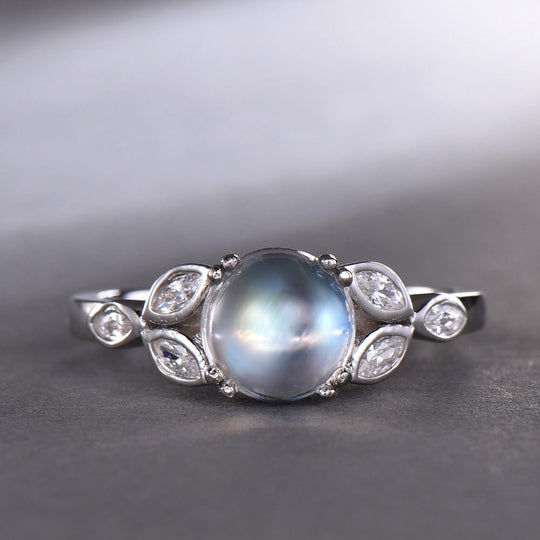 7mm Moonstone and Marquise Diamond Engagement Ring | 14K Gold Art Deco Vintage June Birthstone Ring