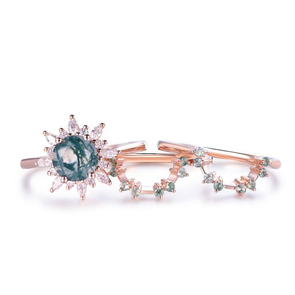 Vintage Round Moss Agate Moissanite Ring Tiara Trio Bridal Set in 14K Gold - Lord of Gem Rings