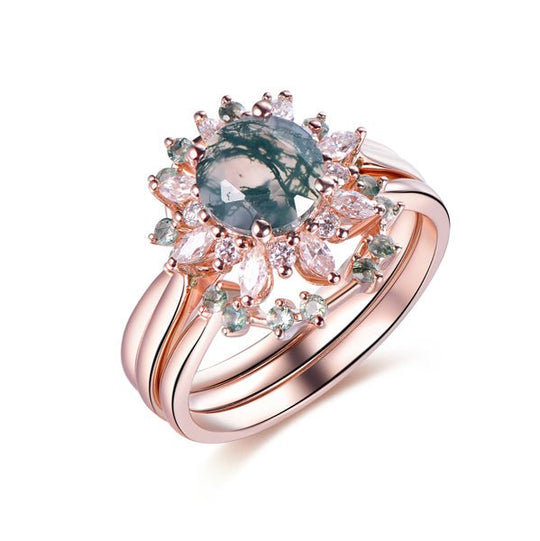 Vintage Round Moss Agate Moissanite Ring Tiara Trio Bridal Set in 14K Gold