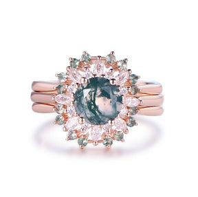 Vintage Round Moss Agate Moissanite Ring Tiara Trio Bridal Set in 14K Gold - Lord of Gem Rings