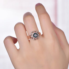 Vintage Round Moss Agate Moissanite Ring Tiara Trio Bridal Set in 14K Gold - Lord of Gem Rings