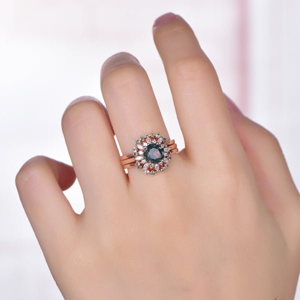 Vintage Round Moss Agate Moissanite Ring Tiara Trio Bridal Set in 14K Gold - Lord of Gem Rings