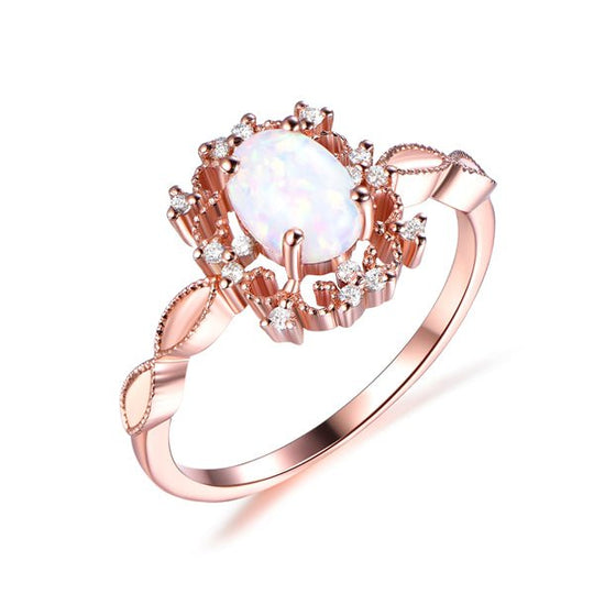 Vintage Style Oval Africa Opal Diamond Floral Halo Engagement Ring