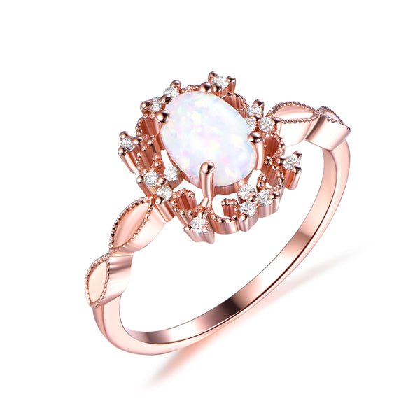 Vintage Style Oval Africa Opal Diamond Floral Halo Engagement Ring - Lord of Gem Rings