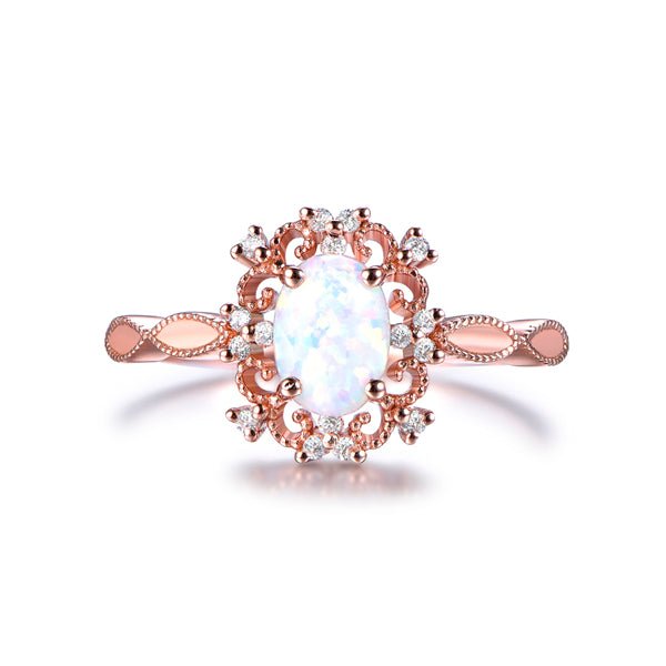 Vintage Style Oval Africa Opal Diamond Floral Halo Engagement Ring - Lord of Gem Rings