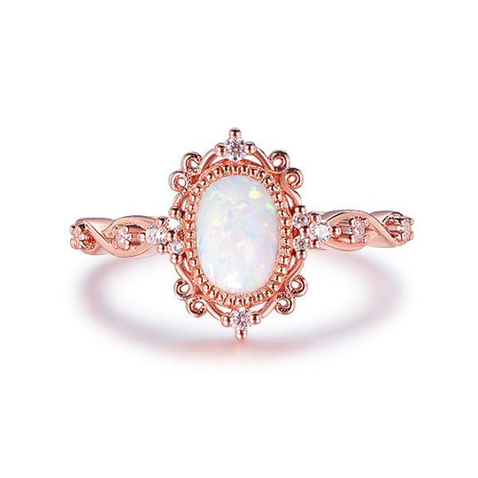 Vintage Style Oval Africa Opal Moissanite Floral Engagement Ring in 14K Gold