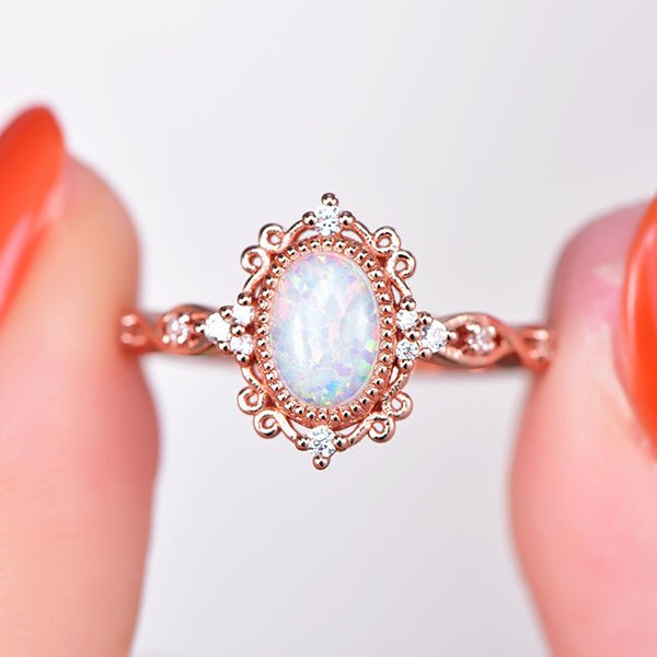 Vintage Style Oval Africa Opal Moissanite Floral Engagement Ring in 14K Gold - Lord of Gem Rings