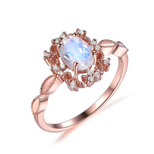 Vintage Style Oval Moonstone Diamond Halo Engagement Ring