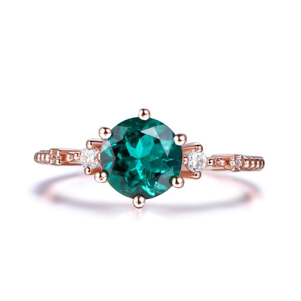 Vintage Style Prong-Set Round Emerald Diamond Engagement Ring - Lord of Gem Rings