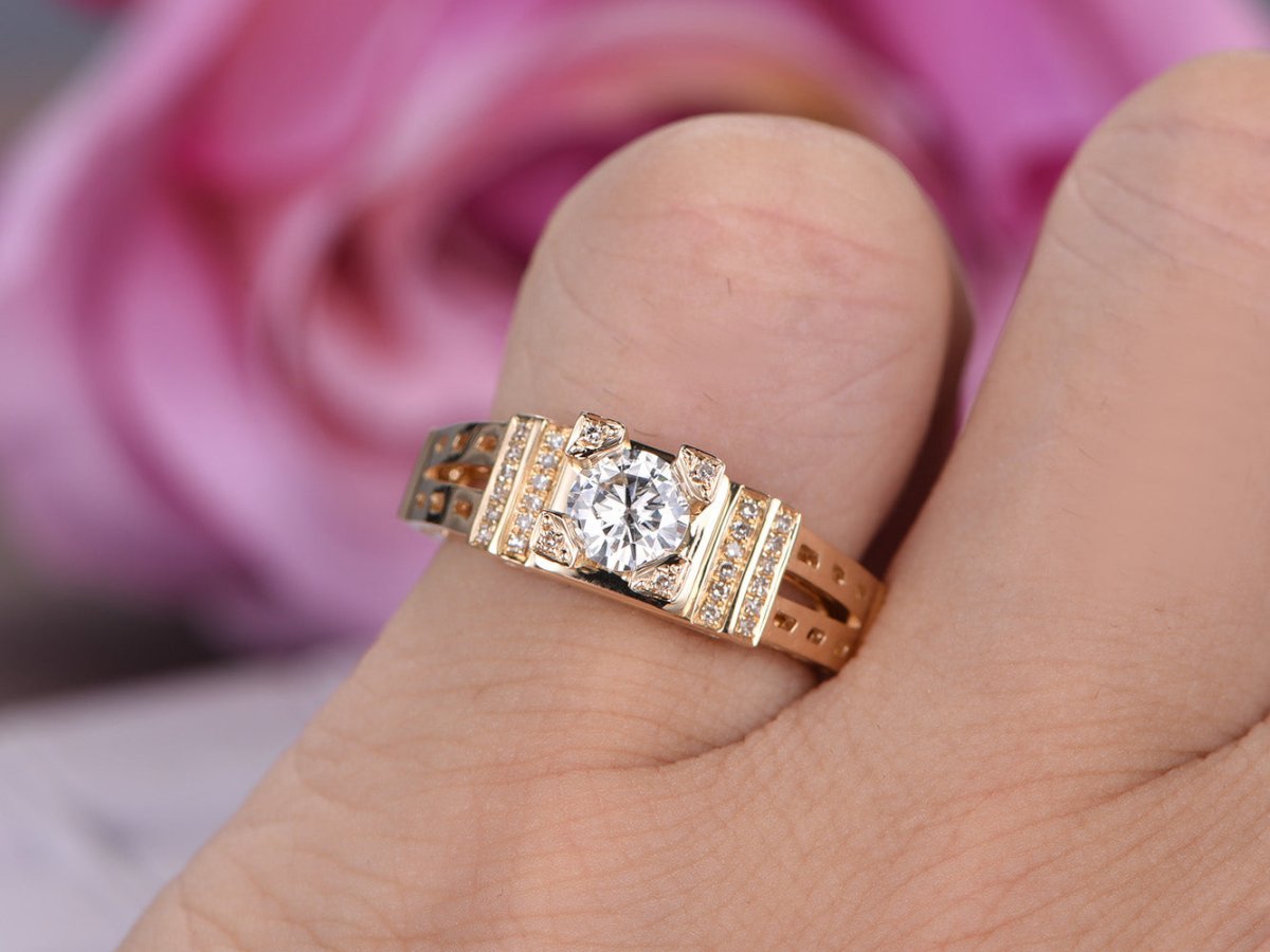 Vintage Style Round Moissanite Ring Eiffel Tower Diamond Accents - Lord of Gem Rings