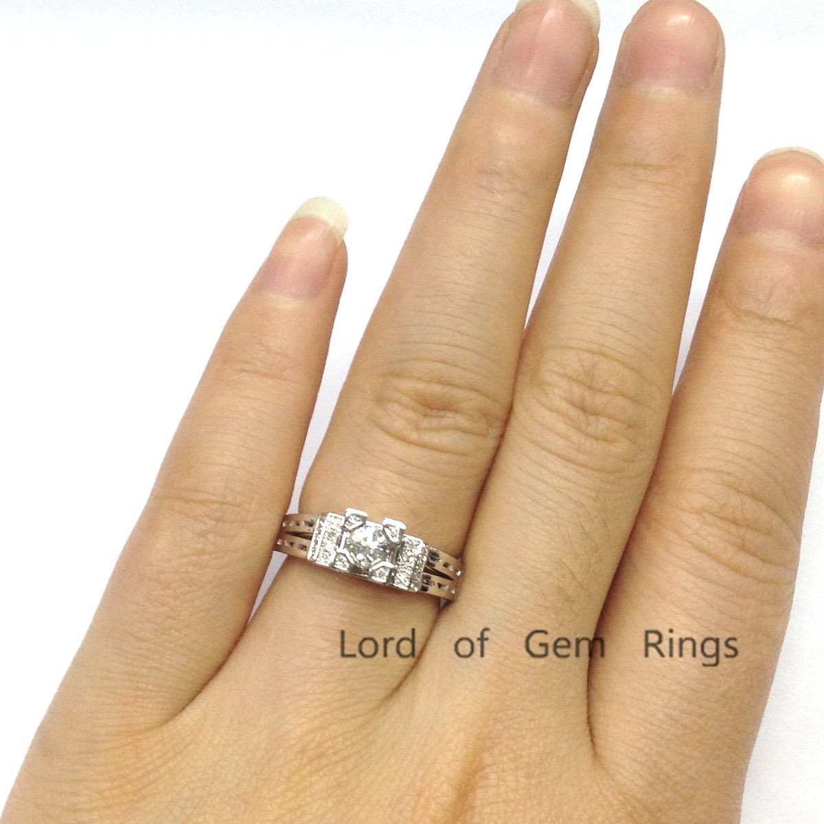 Vintage Style Round Moissanite Ring Eiffel Tower Diamond Accents - Lord of Gem Rings