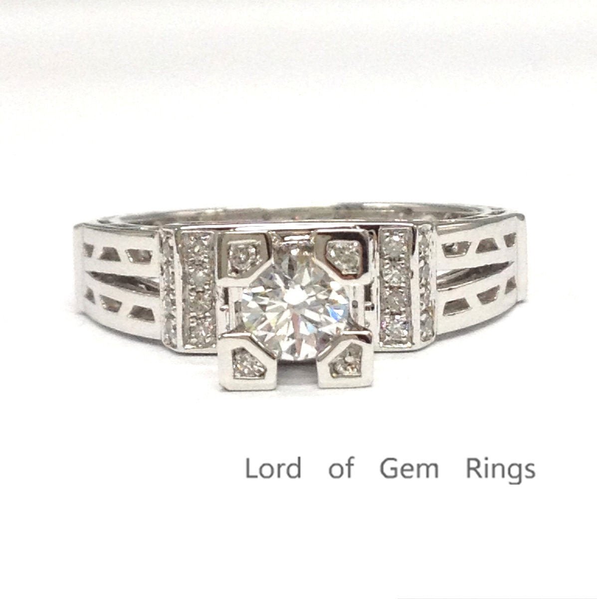 Vintage Style Round Moissanite Ring Eiffel Tower Diamond Accents - Lord of Gem Rings