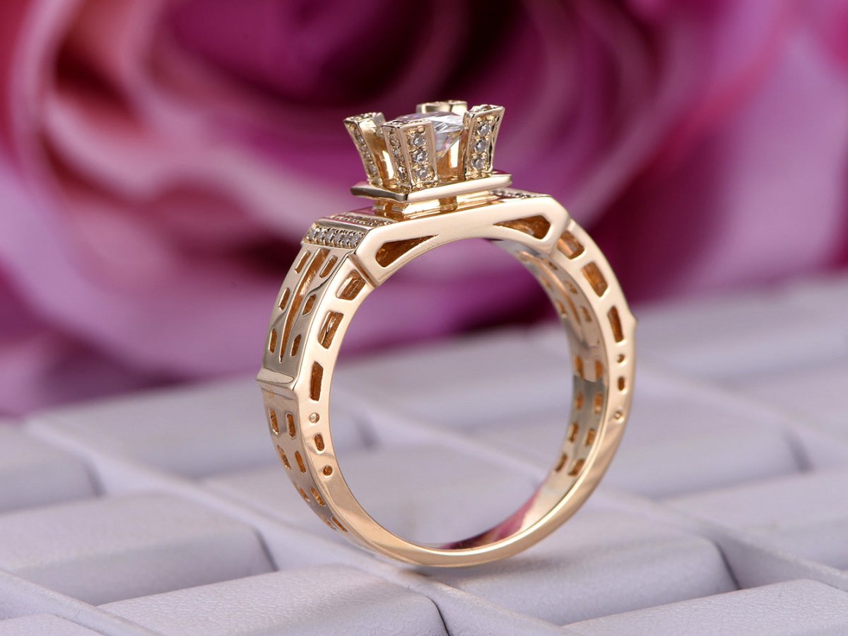 Vintage Style Round Moissanite Ring Eiffel Tower Diamond Accents - Lord of Gem Rings