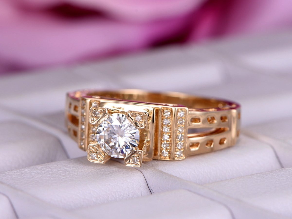 Vintage Style Round Moissanite Ring Eiffel Tower Diamond Accents - Lord of Gem Rings