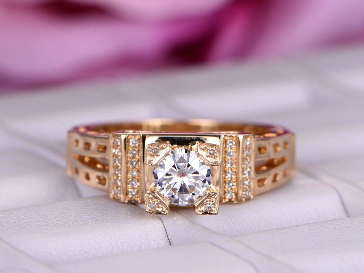 Vintage Style Round Moissanite Ring Eiffel Tower Diamond Accents - Lord of Gem Rings