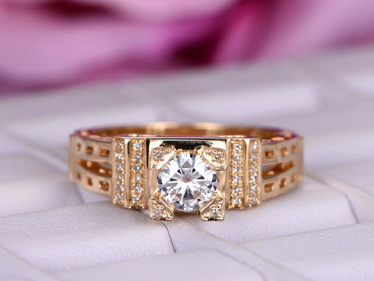 Vintage Style Round Moissanite Ring Eiffel Tower Diamond Accents