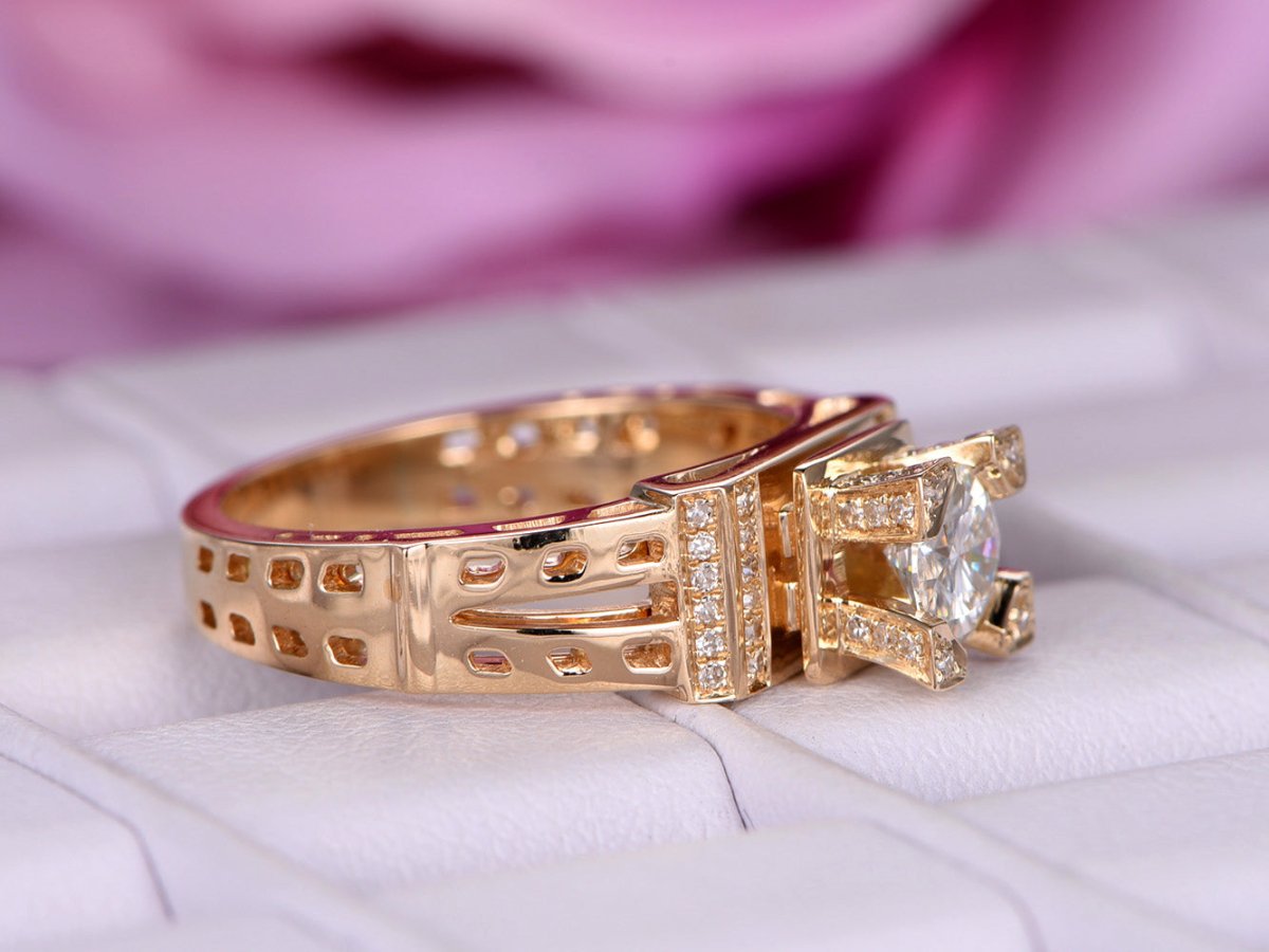Vintage Style Round Moissanite Ring Eiffel Tower Diamond Accents - Lord of Gem Rings