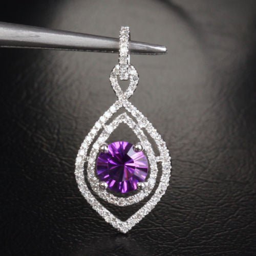 VS Dark 6mm Amethyst .35ctw Diamonds Solid 14k White Gold Pendant For Necklace - Lord of Gem Rings