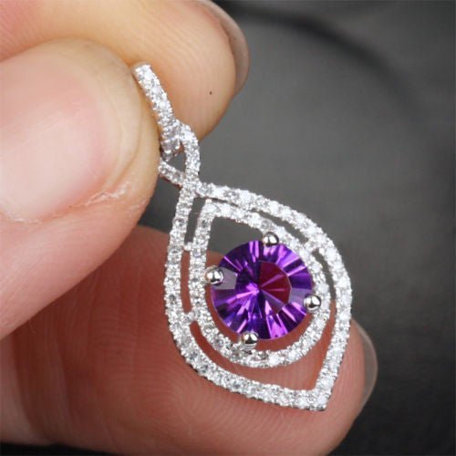 VS Dark 6mm Amethyst .35ctw Diamonds Solid 14k White Gold Pendant For Necklace - Lord of Gem Rings